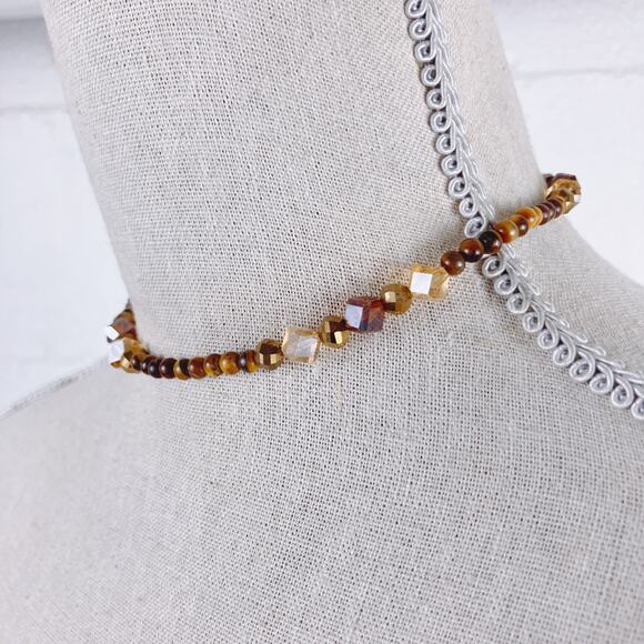 Vintage Tiger Eye Gemstone Necklace Amber Glass Beaded Choker Silver Tone Toggle - Picture 5 of 12